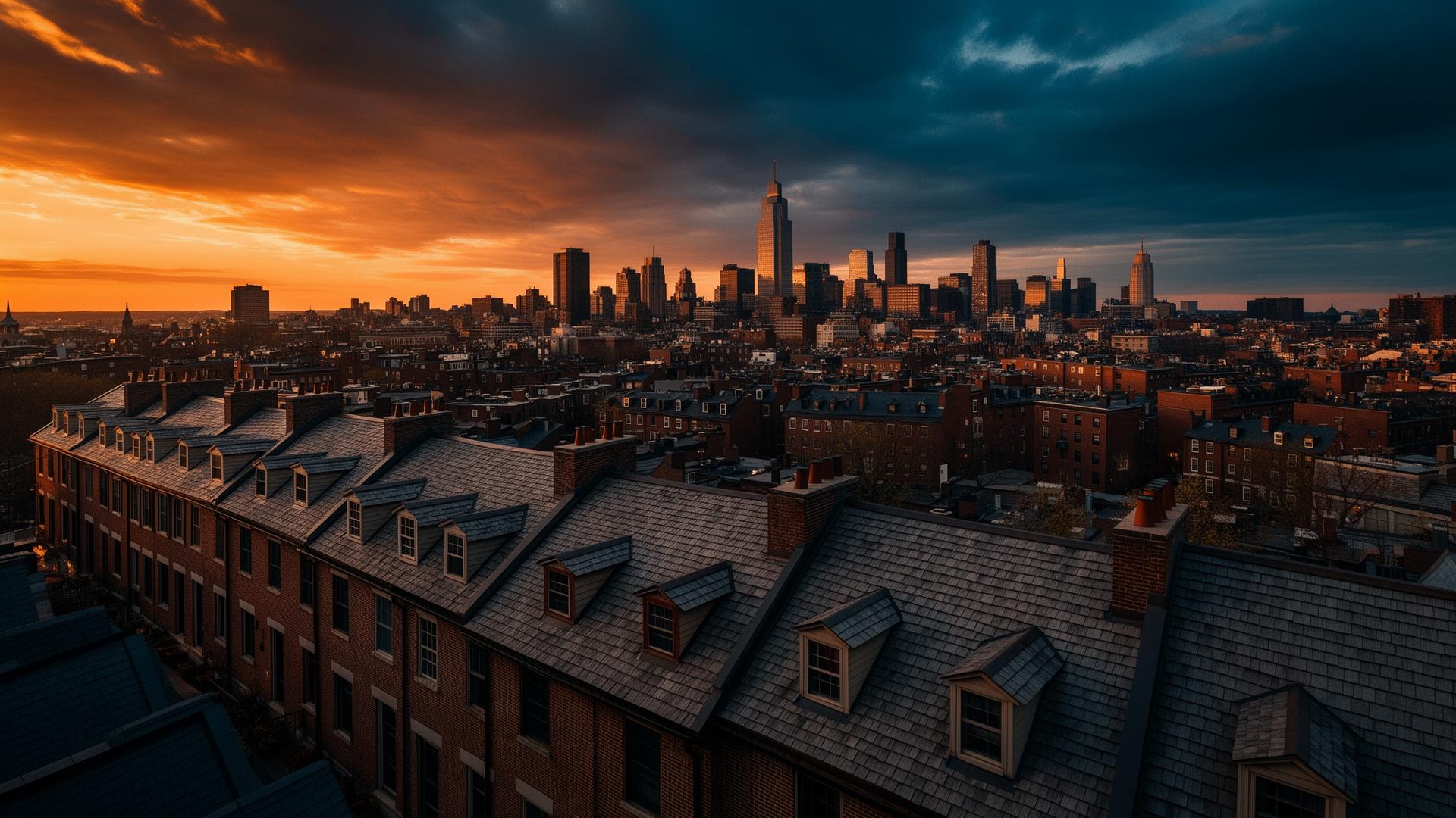 Boston skyline at golden hour over rooftops